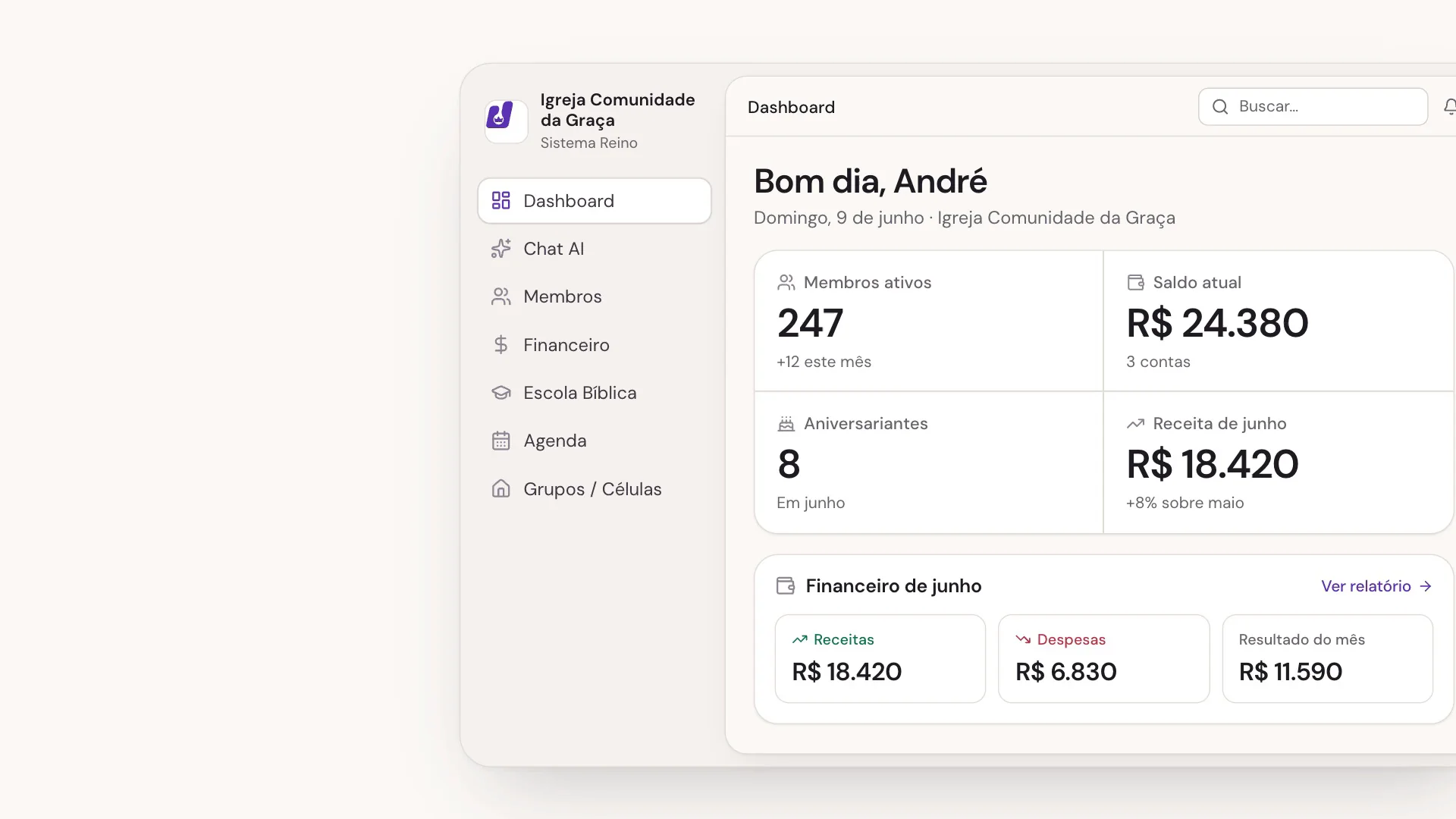 Painel do Sistema Reino com membros ativos, saldo atual, aniversariantes e receita do mês de uma igreja de exemplo